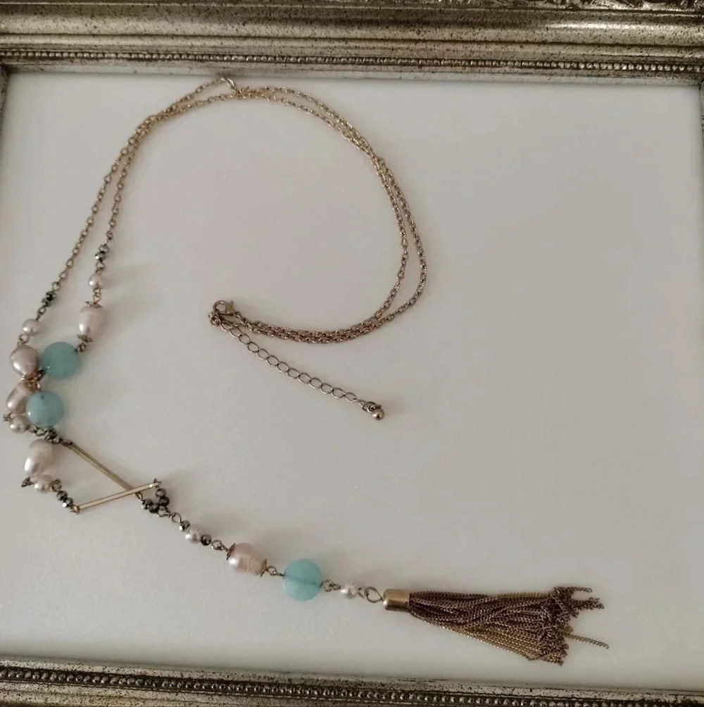 Gold tone Tassel Necklace Blue beads with light Pink champagne pearl